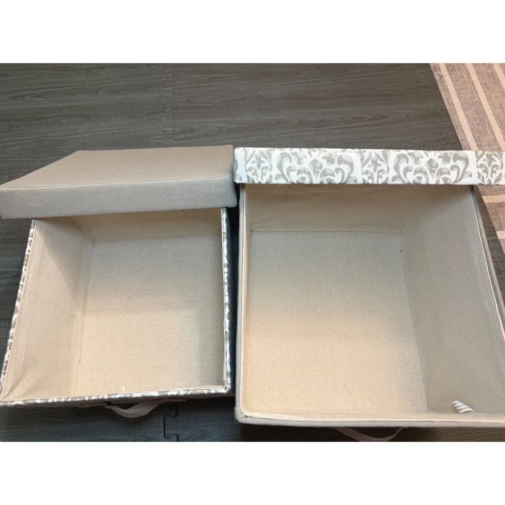 Set of 2 Damask Fabric Storage Bins with Lids Gray Canvas Organizers